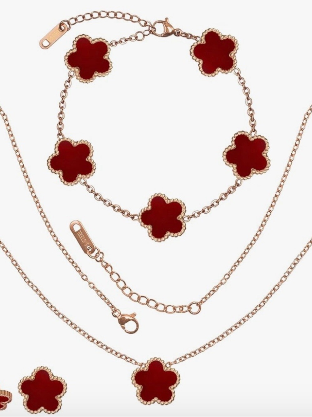 Rose Gold Necklace and Bracelet Set with Red Clover Charms